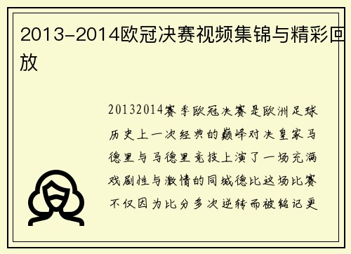 2013-2014欧冠决赛视频集锦与精彩回放